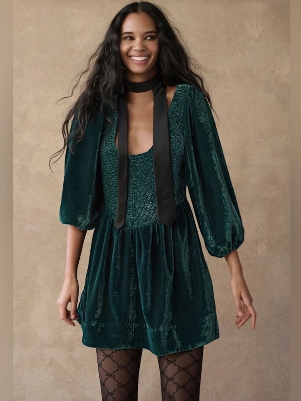 Free People large Farrier greenvelvet mini dress Christmas smocked bodice